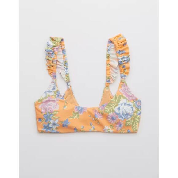 Aerie Orange Floral Bikini Scoop Top Women's Extra Large Ruffle Flutter NWT - Picture 13 of 13